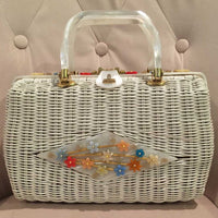 White Vintage Wicker Flower Handbag with Lucite Handles