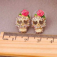 Rhinestone Rose Skull Earrings