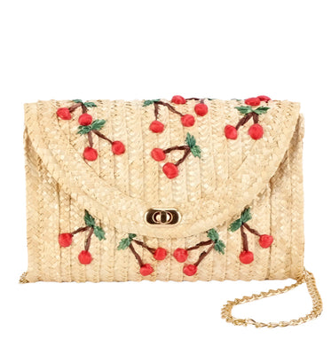 Summer Cherry Straw Crossbody Handbag