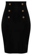 High Waisted Pencil Skirt with Anchor Buttons in Black