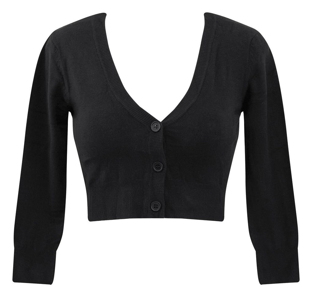 black cropped cardigan for dresses GoMamee Women's 3/4 Sleeve Shrug Sweaters This pretty cropped cardigan is great for layering when cooler but light enough to wear in the summer months Wishlist Vanessa Black Cropped Cardigan