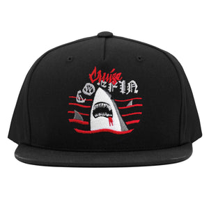 Shark Attack Dark Sea Bloody Red Type Sharp Teeth Fin Jaws Shark Week Snapback Pit Sea Waves Bloody Hat Jaws Shark Week shark teeth breach in dark sea of red blood red and grey on black snapback hat