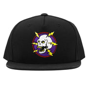 Bolts of lightning electricity blasting off a screaming skull! Red, purple, yellow and white stitches embroidered on an original Cruise Coffin cap.