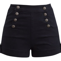 Z --- Black High Waist Sailor Girl Denim Shorts with Brass Anchor Buttons