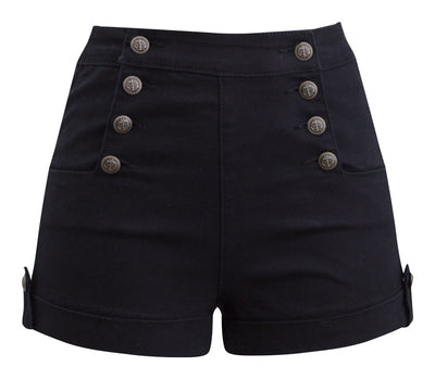 Z --- Black High Waist Sailor Girl Denim Shorts with Brass Anchor Buttons