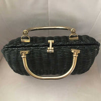 Black Wicker Vintage Handbag with Metal Handles