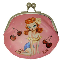 Cherry Love Rockabilly Girl Kiss Lock Bag by Miss Fluff