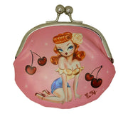 Cherry Love Rockabilly Girl Kiss Lock Bag by Miss Fluff