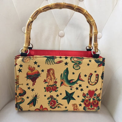 Traditional Tan Tattoo Print Bamboo Box Handbag