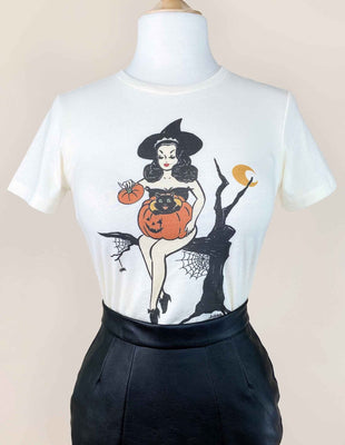 Boo Kitty Pinup Witch T-Shirt (Black or Cream)