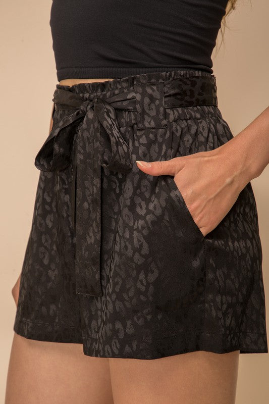 Black Satin Leopard Shorts with Pockets