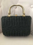 Black Wicker Vintage Handbag with Metal Handles