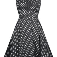 full skirted, polka dot, swing dress, beautiful fit, Smocking, back, sweetheart bust, impeccable look, black, mint, made in usa, pin up, rockabilly, car show