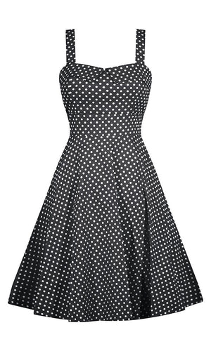 full skirted, polka dot, swing dress, beautiful fit, Smocking, back, sweetheart bust, impeccable look, black, mint, made in usa, pin up, rockabilly, car show
