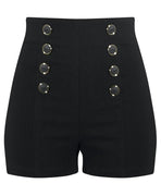 High Waisted Pin Me Up Shorts in Black. Retro Pinup Button Rockabilly Short