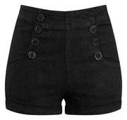 Black High Waist Sailor Girl Denim Shorts with Anchor Buttons