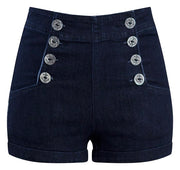 Dark Denim High Waist Sailor Girl Shorts with Anchor Buttons