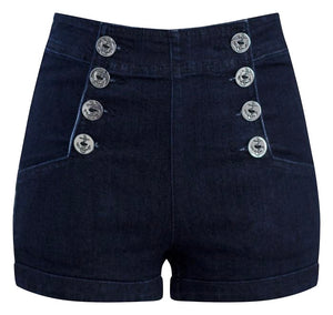 Dark Denim High Waist Sailor Girl Shorts with Anchor Buttons | Double ...