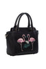 Pink Flamingo Embroidered Handbag in Black