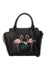 Pink Flamingo Embroidered Handbag in Black