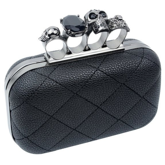 Quilted Skull Knuckle Clutch with Crossbody Chain Strap Double