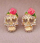 Rhinestone Rose Skull Earrings