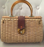 Tan Vintage Double Sided Wicker Bag with Tortoise Handle